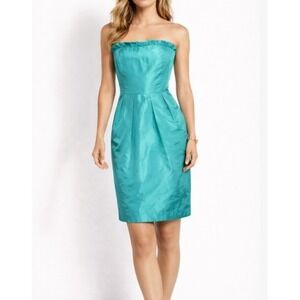 J Crew Audrey Dress Women 2 Green‎ Aqua Silk Tafetta Strapless Ruffle Cocktail